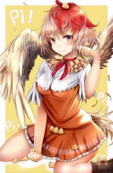 Rule 34 | 1girl, animal, animal on head, bird, blonde hair, blush, boots, border, breasts, brown footwear, chick, choker, commentary request, dress, feathered wings, feathers, feet out of frame, frilled shirt collar, frills, hair between eyes, hand up, highres, houdukixx, looking at viewer, medium breasts, multicolored hair, niwatari kutaka, on head, orange dress, outside border, petticoat, red choker, red eyes, red hair, ribbon choker, shirt, short dress, short hair, short sleeves, simple background, sitting, smile, solo, thighs, touhou, two-tone hair, wariza, white border, white shirt, wings, yellow background