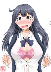Rule 34 | 10s, 1girl, aged up, alternate costume, blue hair, blush, bow, bow bra, bowtie, bra, breasts, brown eyes, bursting breasts, cleavage, collared shirt, female focus, highres, kantai collection, lace, lace-trimmed bra, lace trim, large breasts, long hair, looking at viewer, open clothes, open mouth, open shirt, pink bra, popped button, see-through, shirt, simple background, solo, surprised, tears, underwear, upper body, ushio (kancolle), wardrobe malfunction, wavy mouth, white background, white shirt, yano toshinori
