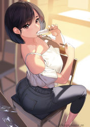Rule 34 | 1girl, absurdres, ass, bare shoulders, black hair, blush, breasts, brown eyes, chair, denim, food, from above, highres, jeans, kage matu re, large breasts, looking at viewer, original, pants, popsicle, popsicle stick, short hair, sitting, solo