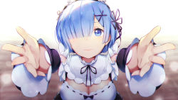 Rule 34 | 10s, 1girl, blue eyes, blue hair, breasts, bright background, cleavage, detached sleeves, dress, frills, hair ornament, hair over one eye, hair ribbon, highres, large breasts, lips, looking at viewer, maid, maid headdress, matching hair/eyes, outstretched arms, outstretched hand, re:zero kara hajimeru isekai seikatsu, reaching, reaching towards viewer, rem (re:zero), ribbon, ring (1079882045), short hair, solo, tears, x hair ornament