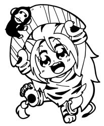 Rule 34 | 1girl, animal ears, animal hands, animal print, arms up, bare legs, beads, bkub, blush, boomerang, cham cham, commentary, facing viewer, fang, full body, gloves, greyscale, hair beads, hair ornament, highres, holding, long hair, monkey, monochrome, open mouth, paw gloves, paw shoes, samurai spirits, shoes, simple background, sleeveless, snk, solo, standing, standing on one leg, tail, tiger ears, tiger girl, tiger paws, tiger print, tiger stripes, tiger tail, white background