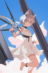 Rule 34 | 1girl, absurdres, animal ear fluff, animal ears, arknights, barefoot, blue sky, cat ears, closed mouth, cloud, commentary request, day, dress, floating hair, green eyes, grey hair, highres, long hair, looking at viewer, low ponytail, outdoors, ponytail, rosmontis (arknights), rosmontis (become anew) (arknights), sky, sleeveless, sleeveless dress, smile, solo, standing, standing on one leg, very long hair, white dress, ykuu yousei