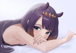 Rule 34 | 1girl, animal ears, artist name, bed sheet, black shirt, blue eyes, blunt bangs, blush, breasts, covered mouth, eyelashes, grey background, hair flowing over, highres, hololive, hololive english, kairukero, long hair, looking to the side, lying, mole, mole under eye, ninomae ina&#039;nis, ninomae ina&#039;nis (1st costume), on bed, on stomach, pointy ears, purple eyes, shirt, sidelocks, sleeveless, sleeveless shirt, small breasts, solo, tentacle hair, very long hair, virtual youtuber