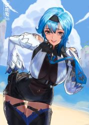 Rule 34 | 1girl, black gloves, black hairband, black skirt, blue eyes, blue hair, breasts, clothing cutout, eula (genshin impact), genshin impact, gloves, hairband, hand on own hip, hand on own shoulder, highres, ja mong, large breasts, leaning forward, open mouth, procreate (medium), short hair, shoulder cutout, skindentation, skirt, smile, solo, thigh gap, thigh strap, thighhighs