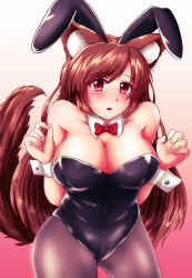 Rule 34 | 1girl, animal ears, bare shoulders, black leotard, bow, bowtie, breasts, cleavage, collarbone, covered navel, detached collar, fake animal ears, fishnet pantyhose, fishnets, gradient background, high heels, highres, imaizumi kagerou, large breasts, leotard, long hair, looking at viewer, open mouth, pantyhose, playboy bunny, rabbit ears, red eyes, solo, sotomichi, strapless, strapless leotard, tail, touhou, wolf ears, wolf tail, wrist cuffs