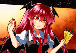 Rule 34 | 1girl, :o, bad id, bad pixiv id, bat wings, black vest, black wings, blush, collared shirt, demon girl, demon wings, dress shirt, eyelashes, eyes visible through hair, fang, gradient background, hair between eyes, head wings, holding, holding pencil, koakuma, letterboxed, light particles, long hair, looking at viewer, necktie, open mouth, orange background, orange eyes, pencil, pointy ears, puffy short sleeves, puffy sleeves, qqqrinkappp, red hair, red necktie, shirt, short sleeves, skin fang, solo, tanabata, touhou, traditional media, vest, white shirt, wings