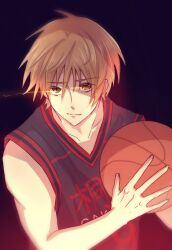 Rule 34 | 1boy, ball, basketball, basketball (object), basketball uniform, black shirt, brown eyes, brown hair, closed mouth, collarbone, commentary request, eye trail, glowing, holding, holding ball, kuroko no basuke, light trail, looking at viewer, male focus, partial commentary, saba dein, sakurai ryou, shirt, short hair, simple background, sleeveless, sleeveless shirt, solo, sportswear, upper body