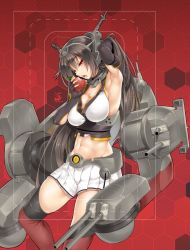 Rule 34 | 10s, 1girl, abs, apple, armpits, black hair, blush, breasts, cannon, cle masahiro, elbow gloves, fingerless gloves, food, fruit, gloves, hair ornament, hairband, headgear, jpeg artifacts, kantai collection, long hair, nagato (kancolle), navel, open mouth, personification, red background, red eyes, skirt, solo, thighhighs