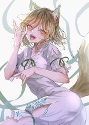 Rule 34 | 1girl, :d, animal ear fluff, animal ears, blonde hair, blush, breasts, fox ears, fox shadow puppet, fox tail, green ribbon, hair between eyes, hand up, hegata (hegatia lapis), highres, kudamaki tsukasa, looking at viewer, medium breasts, open mouth, ribbon, short hair, short sleeves, simple background, slit pupils, smile, solo, tail, teeth, touhou, upper teeth only, white background, white romper, yellow eyes