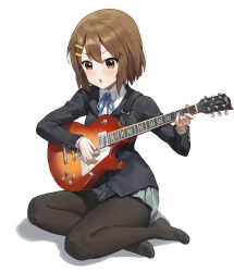 1girl :o absurdres black_pantyhose blazer blue_jacket blue_ribbon blush brown_eyes brown_hair collared_shirt electric_guitar grey_skirt guitar hair_ornament hairclip highres hirasawa_yui holding holding_guitar holding_instrument huomianbao39445 instrument jacket k-on! long_sleeves neck_ribbon pantyhose playing_guitar pleated_skirt ribbon sakuragaoka_high_school_uniform school_uniform shadow shirt short_hair simple_background skirt solo thighs white_background white_shirt winter_uniform