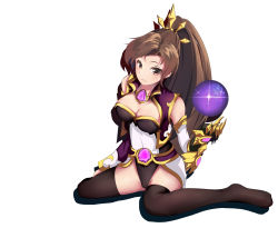 Rule 34 | 1girl, bad id, bad pixiv id, black thighhighs, breasts, cleavage, feet, female focus, heroes of the storm, highres, li-ming, no shoes, ponytail, simple background, sitting, solo, thighhighs, white background, xian yue bing huan