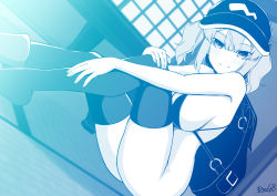 Rule 34 | 1girl, backpack, bag, bikini, bikini top only, blue theme, blush, boots, breasts, closed mouth, commentary request, dutch angle, flat cap, foot out of frame, hair between eyes, hair bobbles, hair ornament, hat, highres, indoors, kagiyama shachou, kawashiro nitori, large breasts, looking at viewer, medium hair, monochrome, no panties, sidelocks, sitting, smile, solo, swimsuit, table, tatami, thighhighs, touhou, two side up, window