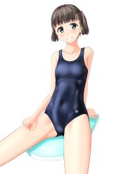 Rule 34 | 1girl, absurdres, black hair, blue one-piece swimsuit, breasts, collarbone, cowboy shot, green eyes, grin, highres, kickboard, looking at viewer, navel, new school swimsuit, one-piece swimsuit, original, school swimsuit, short hair, simple background, small breasts, smile, solo, swimsuit, takafumi, twintails, white background