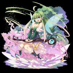 Rule 34 | 10s, 1girl, :d, ahoge, bad id, bad pixiv id, black background, breasts, cleavage, fairy, flower, green eyes, green hair, holding, ibuki notsu, long hair, looking at viewer, matching hair/eyes, merc storia, open mouth, original, simple background, smile, solo, staff, tree