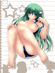 Rule 34 | 1girl, absurdres, ass, bare legs, barefoot, blush, breasts, breasts out, closed mouth, collarbone, eyebrows, frog hair ornament, full body, green eyes, green hair, hair ornament, hair tubes, hand on own knee, highres, knees together feet apart, knees up, kochiya sanae, large breasts, long hair, matching hair/eyes, ngirln4, nipples, off shoulder, school swimsuit, silhouette, simple background, smile, snake hair ornament, solo, star (symbol), strap slip, swimsuit, tareme, thighs, toes, touhou, very long hair, white background