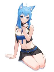 Rule 34 | 1girl, nanashi inc., ahoge, animal ears, animare, arm support, bandeau, bare arms, bare shoulders, belt, between breasts, black skirt, black vest, blue eyes, blue hair, breasts, cleavage, closed mouth, detached collar, earrings, gold trim, hand up, highres, jewelry, long hair, looking at viewer, medium breasts, midriff, miniskirt, navel, necktie, nishino eri, pleated skirt, simple background, sitting, skirt, smile, solo, souya ichika, stomach, strapless, thighs, tube top, vest, virtual youtuber, white background