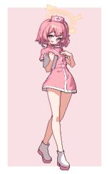 Rule 34 | 1girl, blue archive, blush stickers, clipboard, dasa (bearisalive), dress, full body, halo, hat, holding, holding clipboard, looking at viewer, nurse, nurse cap, open mouth, pink background, pink dress, pink eyes, pink hair, pixel art, serina (blue archive), short hair, short sleeves, solo, standing, white footwear, yellow halo