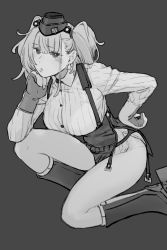 Rule 34 | 1girl, atlanta (kancolle), blush, boots, breasts, earrings, garrison cap, garter straps, gloves, greyscale, hand on own hip, hat, headgear, high-waist skirt, highres, jewelry, kantai collection, knee boots, large breasts, long hair, looking at viewer, monochrome, on one knee, parted lips, partially fingerless gloves, shirt, simple background, single earring, skirt, solo, star (symbol), star earrings, suspender skirt, suspenders, two side up, uyama hajime