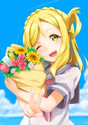 Rule 34 | 10s, 1girl, blonde hair, blush, bouquet, braid, cloud, crown braid, day, flower, hair rings, hazuki akaoto, holding, looking at viewer, love live!, love live! school idol project, love live! sunshine!!, ohara mari, one eye closed, open mouth, red flower, red rose, rose, school uniform, serafuku, short hair, sky, smile, solo, upper body, v, yellow eyes