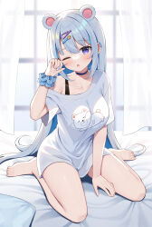 Rule 34 | 1girl, ;o, animal ears, barefoot, bed sheet, between legs, blue choker, blue hair, blurry, blurry background, breasts, choker, collarbone, commentary, curtains, day, depth of field, ear piercing, hair between eyes, hair ornament, hairclip, hand between legs, hand up, indie virtual youtuber, indoors, long hair, mauve, medium breasts, off shoulder, one eye closed, parted lips, piercing, pillow, purple eyes, shiromi (vtuber), shirt, sitting, solo, sunlight, transparent, very long hair, virtual youtuber, wariza, white shirt
