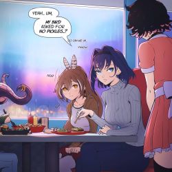 Rule 34 | 5girls, black hair, blue eyes, brown eyes, brown hair, ceres fauna, dress, earrings, english text, excuse me he asked for no pickles (meme), female focus, food, highres, hololive, hololive english, indoors, jewelry, long hair, looking at another, meme, multiple girls, nanashi mumei, ninomae ina&#039;nis, nodding, omniformblue, ouro kronii, ponytail, restaurant, short hair, sitting, speech bubble, standing, sweater, table, thighhighs, turtleneck, turtleneck sweater, virtual youtuber, waitress, window