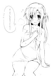 Rule 34 | 10s, 1girl, asuna (sao), bare shoulders, blush, collarbone, flying sweatdrops, greyscale, highres, minase shuu, monochrome, naked towel, open mouth, sitting, sketch, solo, speech bubble, sword art online, towel, translated, wet, white background
