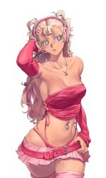 Rule 34 | 1girl, absurdres, arm up, arm warmers, armpits, belt, blonde hair, blue eyes, breasts, collarbone, headset, highres, holding, holding belt, large breasts, long hair, midriff, miniskirt, navel piercing, original, parted lips, piercing, pink skirt, ryofu x, shirt, side-tie shirt, simple background, skirt, sleeves past wrists, star (symbol), strapless, strapless shirt, thighhighs, thong, two side up, vivienne westwood, wavy hair, white background