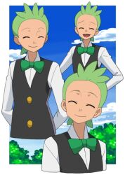 Rule 34 | 1boy, :d, black vest, border, bow, bowtie, cilan (pokemon), closed eyes, closed mouth, cloud, commentary request, creatures (company), day, game freak, green bow, green bowtie, green hair, happy, male focus, miyawaki, multiple views, nintendo, open mouth, outdoors, pokemon, pokemon (anime), pokemon bw (anime), shirt, short hair, sky, smile, vest, white border, white shirt