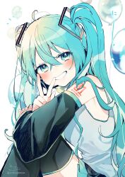 Rule 34 | 1girl, absurdres, ahoge, balloon, bare shoulders, black skirt, black sleeves, black thighhighs, blue hair, commentary, detached sleeves, feet out of frame, from side, green eyes, grin, hair between eyes, hand up, hatsune miku, highres, knees up, long hair, long sleeves, looking at viewer, looking to the side, notice lines, pleated skirt, shirt, signature, simple background, sitting, skirt, sleeveless, sleeveless shirt, smile, sofra, solo, thighhighs, twintails, twitter username, v, very long hair, vocaloid, white background, white shirt, wide sleeves