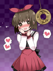Rule 34 | 1girl, blush, brown eyes, brown hair, checkered background, coin, commentary request, dress, hammer (sunset beach), heart, heart-shaped pupils, hypnosis, mind control, open mouth, original, red dress, short hair, smile, solo, spoken heart, symbol-shaped pupils, yen