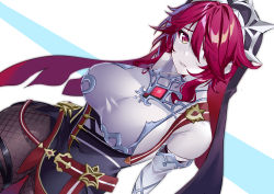 Rule 34 | 1girl, absurdres, blush, breasts, brooch, closed mouth, coif, elbow gloves, fishnet legwear, fishnets, genshin impact, gloves, hair between eyes, highres, jewelry, kikimi, large breasts, looking at viewer, pendant, red eyes, red hair, rosaria (genshin impact), skirt, solo, thigh strap, tiara, white gloves