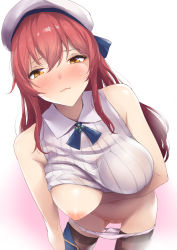 Rule 34 | 1girl, arm under breasts, bare shoulders, black thighhighs, blue bow, blush, bow, breast hold, breasts, censored, closed mouth, clothes lift, commentary request, copyright request, hair between eyes, hat, highres, long hair, looking at viewer, mosaic censoring, nipples, no bra, nukkoru, one breast out, orange eyes, panties, panty pull, red hair, sailor hat, solo, sweater, sweater lift, sweater vest, thighhighs, underwear, white hat, white panties, white sweater vest