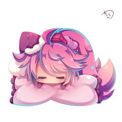 Rule 34 | 1girl, = =, blush, character request, chibi, closed eyes, commentary request, facing viewer, fur-trimmed headwear, fur trim, gradient hair, hair ornament, hat, long hair, mini hat, multicolored hair, muuran, pillow, pink hair, ponytail, purple hat, shironeko project, signature, simple background, solo, very long hair, white background