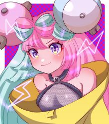 Rule 34 | 1girl, bow-shaped hair, character hair ornament, creatures (company), game freak, hair ornament, hexagon print, highres, iono (pokemon), jacket, long hair, low-tied long hair, multicolored hair, nintendo, nonoworks, oversized clothes, pink eyes, pink hair, pokemon, pokemon sv, sharp teeth, shirt, sleeveless, sleeveless shirt, sleeves past fingers, sleeves past wrists, solo, teeth, twintails, two-tone hair, very long hair, x, yellow jacket