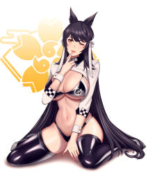 Rule 34 | 1girl, ;d, absurdres, animal ears, atago (azur lane), atago (stunning speedster) (azur lane), azur lane, between legs, bikini, black bikini, black hair, black thighhighs, blush, breasts, brown eyes, cleavage, commentary request, dog ears, finger to mouth, full body, hair between eyes, hair ribbon, hand between legs, hand up, high heels, highleg, highleg bikini, highres, large breasts, long hair, looking at viewer, navel, no mole, official alternate costume, one eye closed, open mouth, partial commentary, print bikini, race queen, rakuri (rwrn5475), ribbon, sakura empire (emblem), shadow, shrug (clothing), sidelocks, sitting, skindentation, sleeve cuffs, smile, solo, stomach, swept bangs, swimsuit, teeth, thighhighs, two-tone bikini, underboob, upper teeth only, wariza, white background, white footwear, white ribbon, white sleeves, wrist cuffs