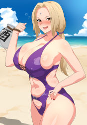 Rule 34 | 2girls, absurdres, bare arms, bare shoulders, beach, blonde hair, blue sky, blush, breasts, brown eyes, bubble, cleavage, cloud, collarbone, covered erect nipples, cowboy shot, drunk, facial mark, fang, forehead mark, gourd, hand on own hip, highres, holding, holding gourd, horizon, huge breasts, lancer24, long hair, looking at viewer, low-tied long hair, multiple girls, nail polish, naruto (series), navel, one-piece swimsuit, open mouth, outdoors, purple one-piece swimsuit, sand, skin fang, sky, solo focus, squeans, standing, swimsuit, tsunade (naruto), water