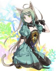 Rule 34 | 1girl, ahoge, animal ear fluff, animal ears, atalanta (fate), black dress, black gloves, black pantyhose, blonde hair, braid, breasts, closed mouth, commentary request, crown braid, dress, fate/apocrypha, fate/grand order, fate (series), gloves, green dress, green eyes, green hair, kino kokko, kneeling, lion ears, lion tail, long hair, looking at viewer, multicolored hair, pantyhose, puffy short sleeves, puffy sleeves, short sleeves, small breasts, solo, tail, two-tone dress, two-tone hair