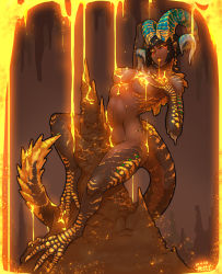 Rule 34 | 1girl, bare shoulders, black hair, blunt bangs, breasts, dark-skinned female, dark skin, dated, gold, groin, highres, horns, humanization, kulve taroth, looking at viewer, molten metal, monster girl, monster hunter, monster hunter: world, monster hunter (series), muhut, navel, pointy ears, signature, solo, stalagmite, tail