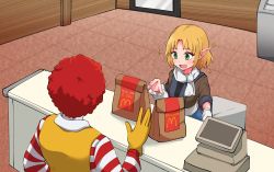 Rule 34 | 1boy, 1girl, afro, arm warmers, bag, black shirt, blonde hair, breasts, brown jacket, cash register, commentary request, cookie (touhou), fast food, gloves, green eyes, highres, indoors, jacket, joker (cookie), jumpsuit, mcdonald&#039;s, medium breasts, mizuhashi parsee, multicolored clothes, multicolored jacket, open mouth, pointy ears, red hair, ronald mcdonald, sash, scarf, shirt, short hair, short sleeves, sleeveless jumpsuit, sparkle, touhou, upper body, white sash, white scarf, yan pai, yellow gloves, yellow jumpsuit