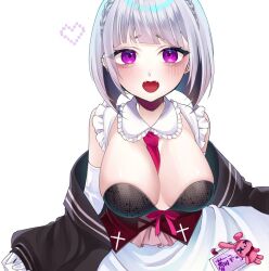 Rule 34 | apron, bare shoulders, black jacket, blunt bangs, blush, braid, breasts, commentary request, earrings, elbow gloves, frills, gloves, grey hair, heart, heart-shaped mouth, highres, indie virtual youtuber, jacket, jewelry, large breasts, looking at viewer, necktie, purple eyes, red necktie, shiny skin, short hair, simple background, stuffed animal, stuffed rabbit, stuffed toy, virtual youtuber, waist apron, white apron, white background, white gloves, yumekawa yamu, yumekawa yamu (artist)