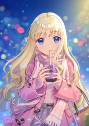 Rule 34 | 1girl, blonde hair, blue eyes, blurry, blurry background, blush, bokeh, bow, bow earrings, bubble tea, coat, cup, depth of field, disposable cup, drinking, drinking straw, drinking straw in mouth, duffel coat, earrings, highres, holding, holding cup, jewelry, lilia creative, long hair, long sleeves, looking at viewer, nail polish, original, plaid, plaid scarf, scarf, skirt, sleeves past wrists, smile, solo, sweater, very long hair