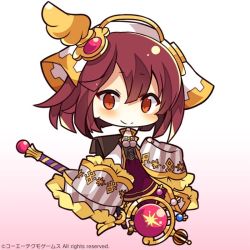 Rule 34 | 1girl, atelier (series), atelier sophie, blush, breasts, chibi, closed mouth, copyright notice, full body, gradient background, jacket, long sleeves, looking at viewer, medium breasts, muuran, official art, open clothes, open jacket, pink background, purple skirt, skirt, sleeves past fingers, sleeves past wrists, smile, solo, sophie neuenmuller, staff, standing, striped, watermark, white background, white jacket, wide sleeves
