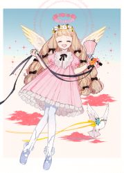 Rule 34 | 1girl, bell, bird, brown hair, closed eyes, cloud, dove, dress, flower, full body, halo, holding, holding bell, l hakase, long hair, multi-tied hair, open mouth, original, pink dress, pink flower, puffy short sleeves, puffy sleeves, ribbon, short sleeves, smile, solo, twitter username, white flower, wings