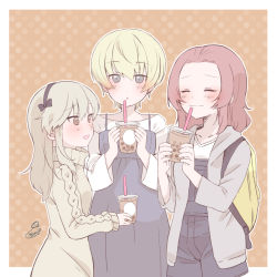 Rule 34 | 3girls, artist name, backpack, bag, black ribbon, blonde hair, blue dress, blue eyes, blue overalls, border, brown eyes, bubble tea, casual, closed eyes, closed mouth, commentary, cup, disposable cup, dress, drinking straw, girls und panzer, grey dress, grey hoodie, hair ribbon, holding, holding cup, hood, hood down, hoodie, itsumip, light brown hair, long sleeves, looking at another, multiple girls, open clothes, open hoodie, open mouth, orange background, outline, outside border, overall shorts, overalls, parted lips, polka dot, polka dot background, red hair, ribbon, rosehip (girls und panzer), shimada arisu, shirt, signature, smile, standing, sweater, sweater dress, turtleneck, turtleneck dress, white border, white outline, white shirt, youko (girls und panzer)