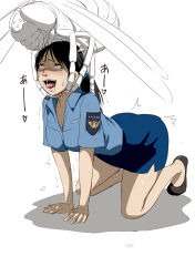 Rule 34 | 1girl, ahegao, all fours, bare legs, blush, bug, empty eyes, highres, long hair, mind break, mole, mole under eye, monster, open mouth, peril, police, police uniform, policewoman, rolling eyes, simple background, sweat, tagme, tongue, tongue out, trembling, uniform, what, white background, yoshitora