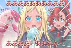 Rule 34 | 3girls, ahoge, asticassia school uniform, black hairband, blonde hair, blue background, blue eyes, blush, commentary request, conakiggy, crying, dark-skinned female, dark skin, eating, food, gundam, gundam suisei no majo, hairband, highres, holding, holding food, holding popsicle, ichinose kana, idolmaster, idolmaster cinderella girls, idolmaster cinderella girls starlight stage, layla (idolmaster), long hair, looking at viewer, maaa, made in abyss, multiple girls, popsicle, red hair, school uniform, suletta mercury, tears, thick eyebrows, twitter username, upper body, voice actor connection