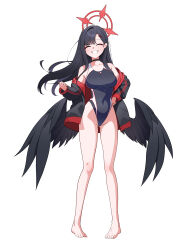 Rule 34 | 1girl, barefoot, black choker, black hair, black jacket, black one-piece swimsuit, black wings, blue archive, blush, breasts, choker, closed eyes, competition swimsuit, facing viewer, feathered wings, grin, hair ornament, hairclip, halo, highres, ichika (blue archive), jacket, large breasts, long hair, long sleeves, one-piece swimsuit, open clothes, open jacket, red halo, schwarz rubin, simple background, smile, solo, swimsuit, toes, white background, wings
