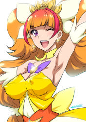 Rule 34 | 1girl, amanogawa kirara, armpits, artist name, breasts, cure twinkle, earrings, covered erect nipples, go! princess precure, impossible clothes, jewelry, joy ride, long hair, looking at viewer, one eye closed, open mouth, pink eyes, precure, simple background, smile, solo, star (symbol), star earrings, white background