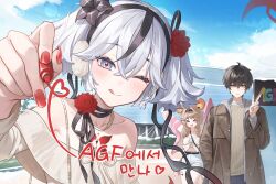 &gt;_&lt; 1boy 2girls :q bare_shoulders belt black_belt black_eyes black_flower black_hair blake_bloom_(wuthering_waves) blue_pants blush breasts brown_coat brown_shirt camellia camellya_(wuthering_waves) cleavage closed_mouth coat collarbone commentary flower flower_on_chest hair_between_eyes hair_flower hair_ornament hair_vines highres jacket looking_at_viewer lumi_(wuthering_waves) male_rover_(wuthering_waves) medium_breasts midriff multiple_girls nail_polish off-shoulder_shirt off_shoulder official_alternate_costume pants pink_jacket red_nails red_pupils rover_(wuthering_waves) shirt short_hair shorts smile symbol-only_commentary tacet_mark_(wuthering_waves) thick_eyebrows tongue tongue_out v white_hair white_shorts wuthering_waves yellow_eyes zua_(2vziu)