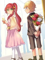 Rule 34 | 1boy, 1girl, aged down, blonde hair, blue eyes, bouquet, cup, drinking glass, flower, green eyes, jaune arc, md5 mismatch, pantyhose, pyrrha nikos, red flower, red hair, red rose, resolution mismatch, rose, rwby, source larger, white flower, white rose, wine glass